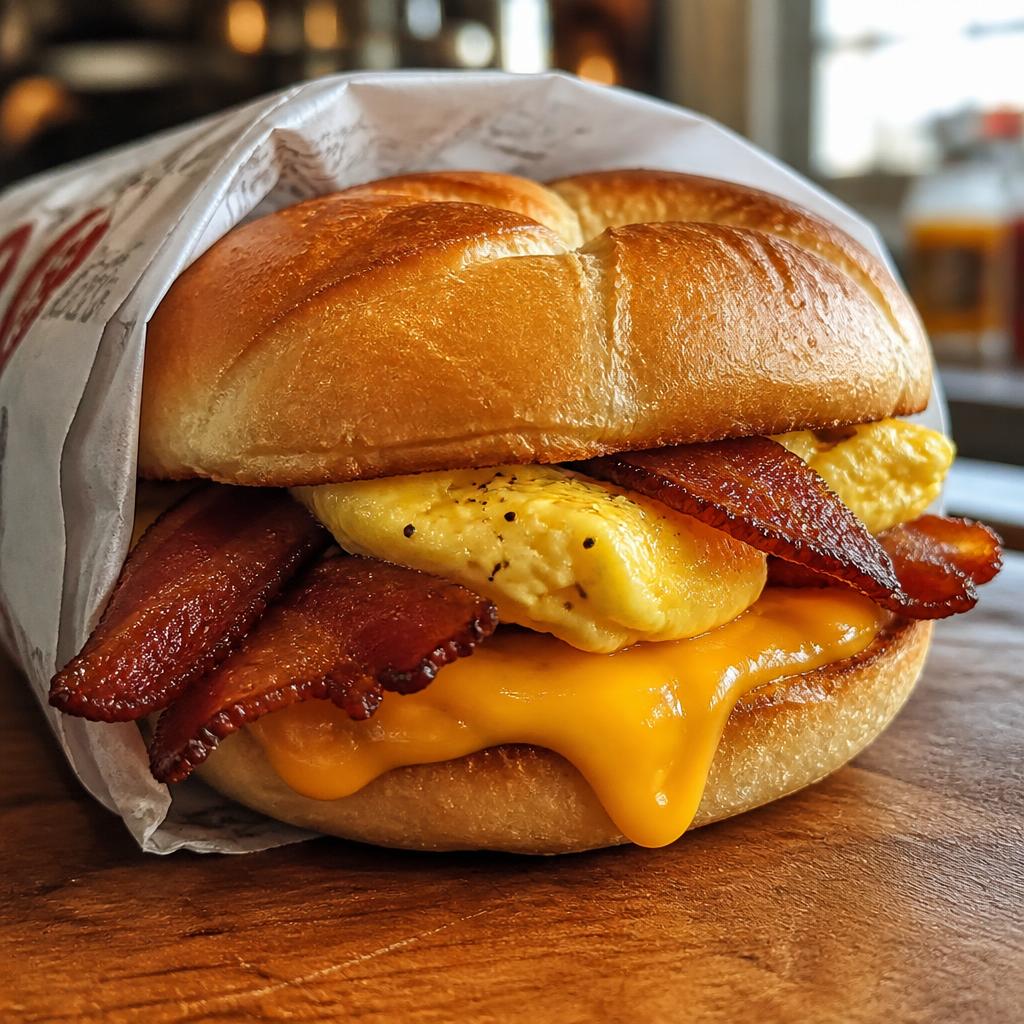 Bacon, egg & cheese breakfast sandwich on a toasted roll